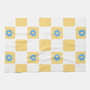 Yellow White Chequered With Blue Flower Pattern Tea Towel