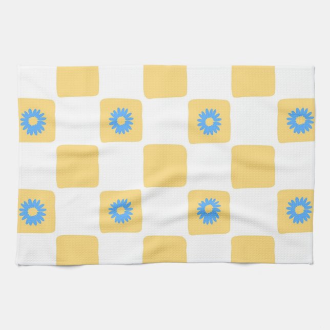 Yellow White Chequered With Blue Flower Pattern Tea Towel (Horizontal)