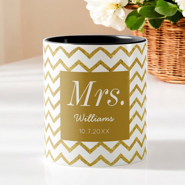 Yellow White Chevron Chic Mrs Wedding Two-Tone Coffee Mug (Creator Uploaded)