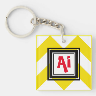 Yellow & White Chevron Custom Red Monogram Key Ring