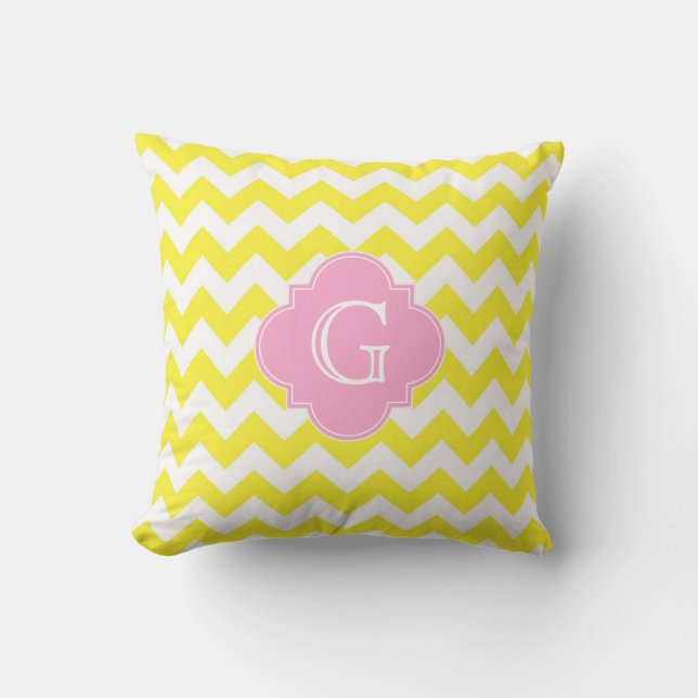 Yellow White Chevron Pink Quatrefoil Monogram Cushion (Front)
