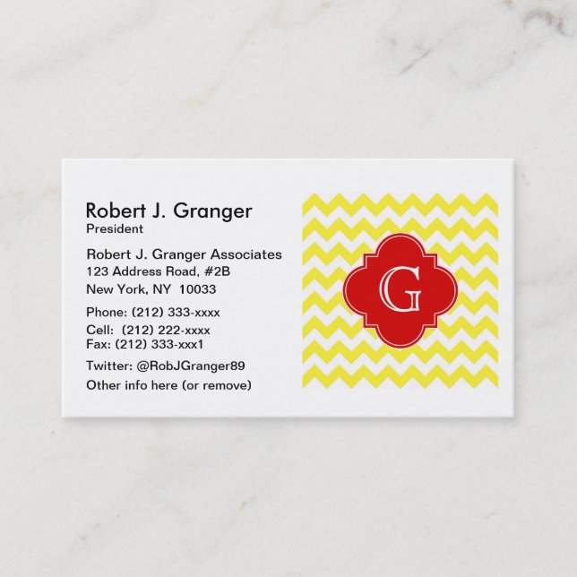 Yellow White Chevron Red Quatrefoil Monogram Business Card (Front)
