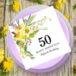 Yellow White Daffodil 50th Birthday Party Napkin<br><div class="desc">Very pretty yellow floral paper napkins for a 50th birthday party. Daffodils and small purple and white flowers are nestled in Boho greenery to create a beautiful spring bouquet. 50 is written in large text with the birthday celebrant's name below and then Fiftieth Birthday. All of the text can be...</div>
