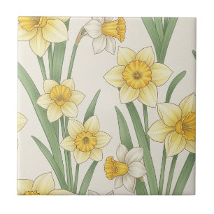 Yellow White Daffodil Botanical Floral Tile