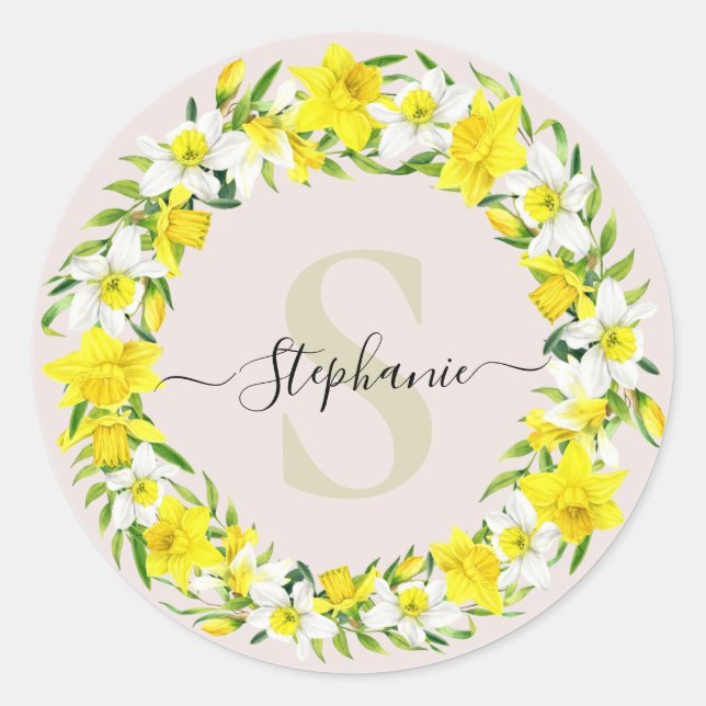 Yellow White Daffodil Garland Monogram Name Classic Round Sticker (Front)
