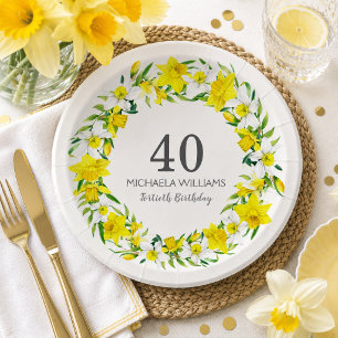  Yellow White Daffodil Wreath 40th Birthday Paper Plate