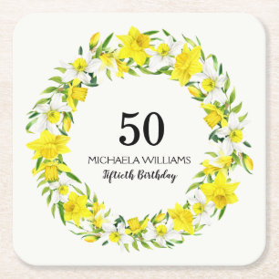 Yellow White Daffodil Wreath 50th Birthday Square Paper Coaster
