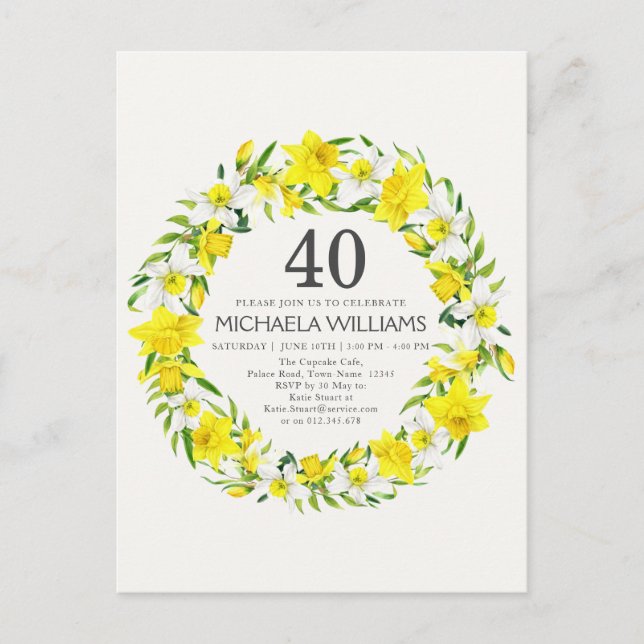 Yellow White Daffodils 40th Birthday Invitation Postcard (Front)