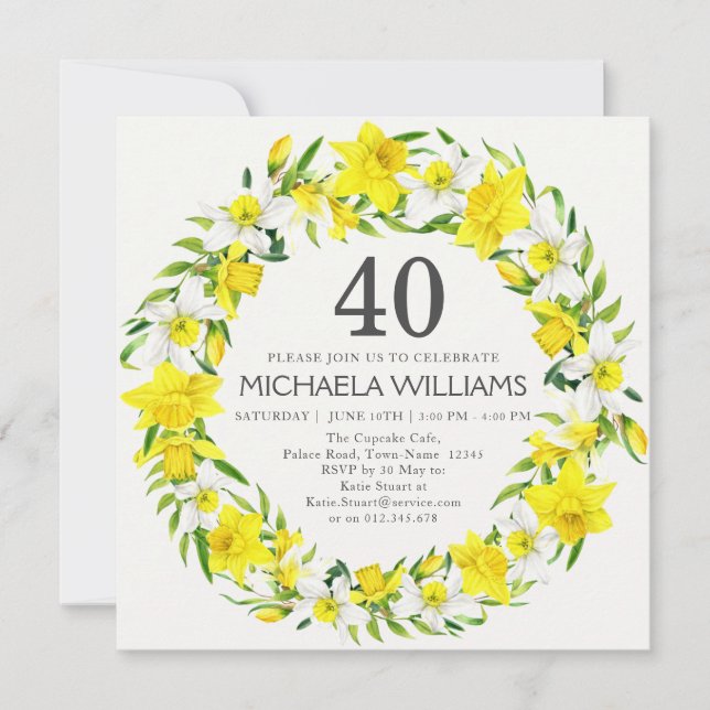 Yellow White Daffodils Wreath 40th Birthday Invitation (Front)