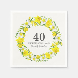 Yellow White Daffodils Wreath 40th Birthday Napkin