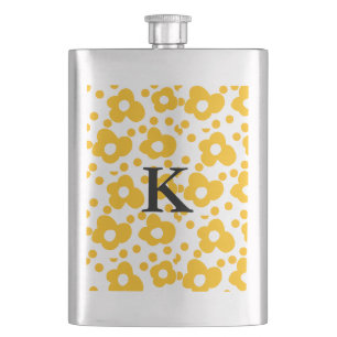 Yellow white daisy floral pattern add monogram mus hip flask