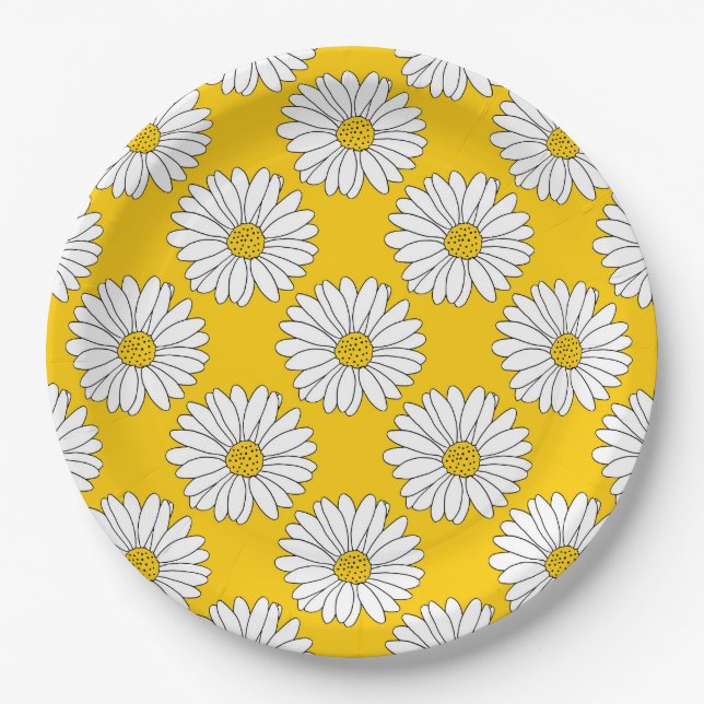 Yellow White Daisy Pattern 2 Paper Plate (Front)