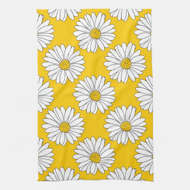 Yellow White Daisy Pattern 2 Tea Towel (Vertical)