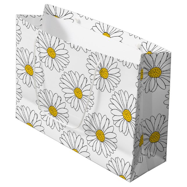 Yellow White Daisy Pattern Large Gift Bag (Front Angled)