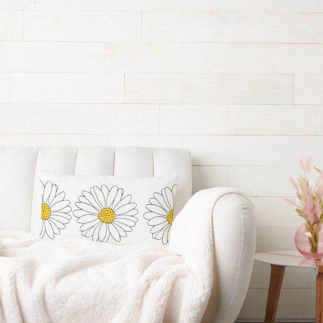 Yellow White Daisy Pattern Lumbar Cushion (Couch)