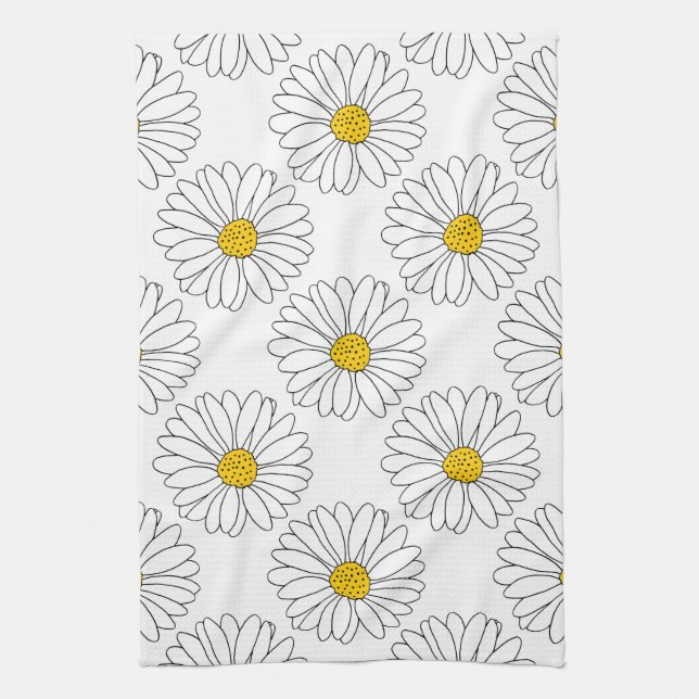 Yellow White Daisy Pattern Tea Towel (Vertical)