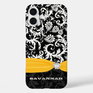 Yellow & White Damask Printed Faux Rhinestone iPhone 16 Plus Case