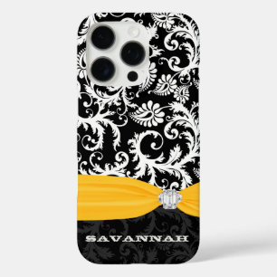 Yellow & White Damask Printed Faux Rhinestone iPhone 16 Pro Case