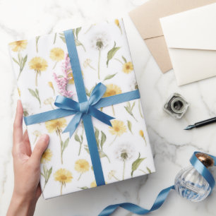 Yellow White Dandelions Flowers Birthday Wrapping Paper