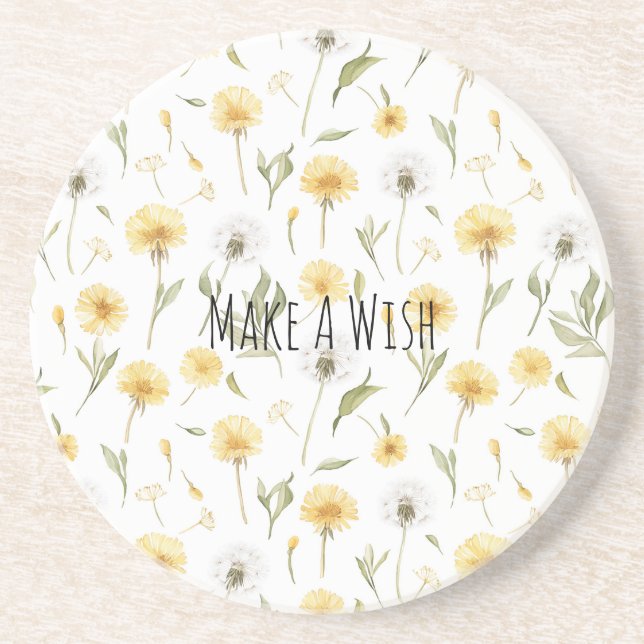 Yellow White Dandelions Flowers Make A Wish Coaster (Front)