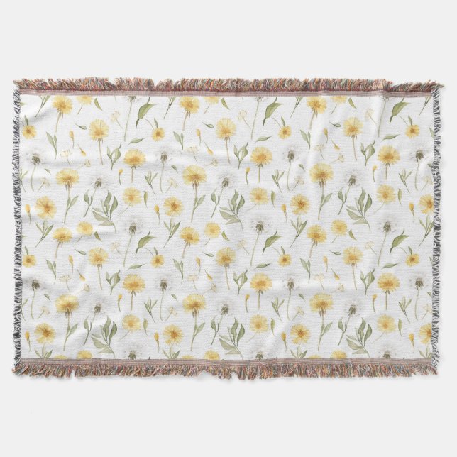 Yellow White Dandelions Flowers Throw Blanket (Front)