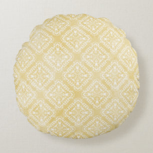 Yellow White Diamonds Vintage Pattern Round Cushion