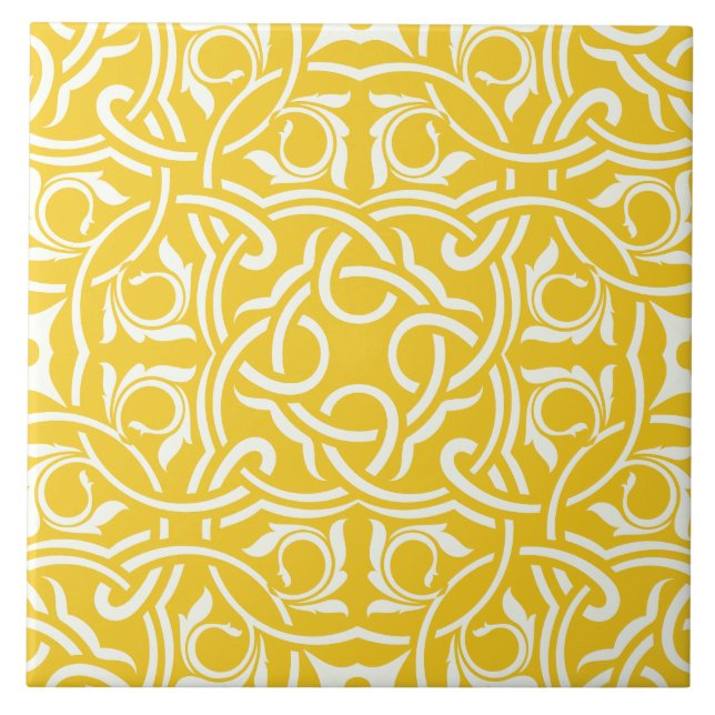 Yellow &white elegant intricate floral pattern tile (Front)