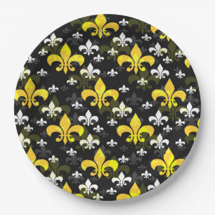 Yellow White Fleur De Lis Paper Plate