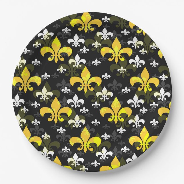 Yellow White Fleur De Lis  Paper Plate (Front)