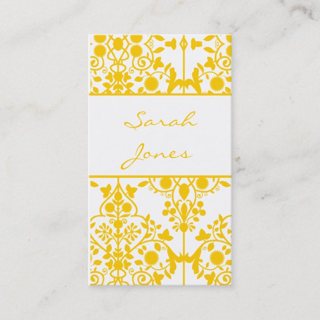 Yellow White Floral Damask Business Card (Front)