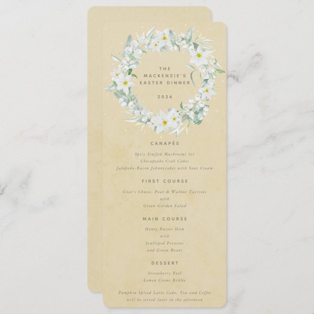 Yellow White Floral Easter Wreath Flat 4 Course Menu (Front/Back)