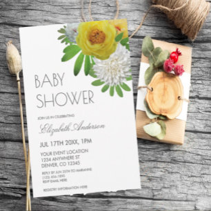 Yellow & White Floral Gender Neutral Baby Shower Invitation