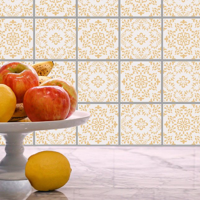 Yellow White Floral Mosaic Tile Pattern Peel Stick Wallpaper (Creator Uploaded)