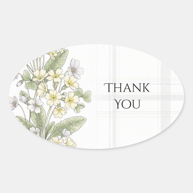 Yellow White Floral Tartan Wedding Thank You Stick Oval Sticker (Front)