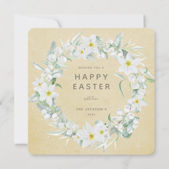 Yellow+White Floral Wreath Happy Easter Flat Card (Front)