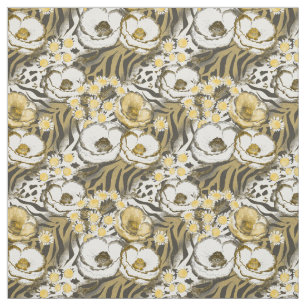 Yellow, white flowers on a tiger background fabric