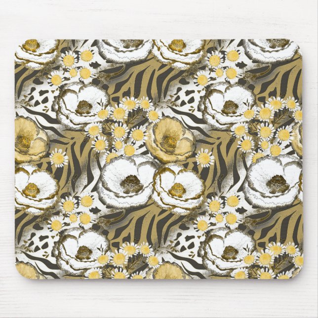 Yellow, white flowers on a tiger background  mouse pad (Front)