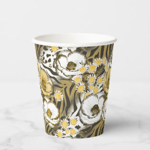 Yellow, white flowers on a tiger background paper cups