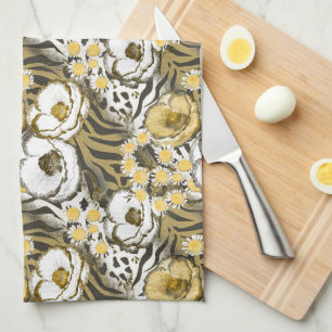 Yellow, white flowers on a tiger background tea towel