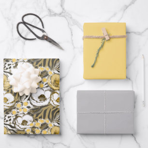 Yellow, white flowers on a tiger background  wrapping paper sheet