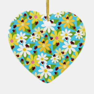 Yellow White Flowers Red Ladybug Beetle Ceramic Tree Decoration