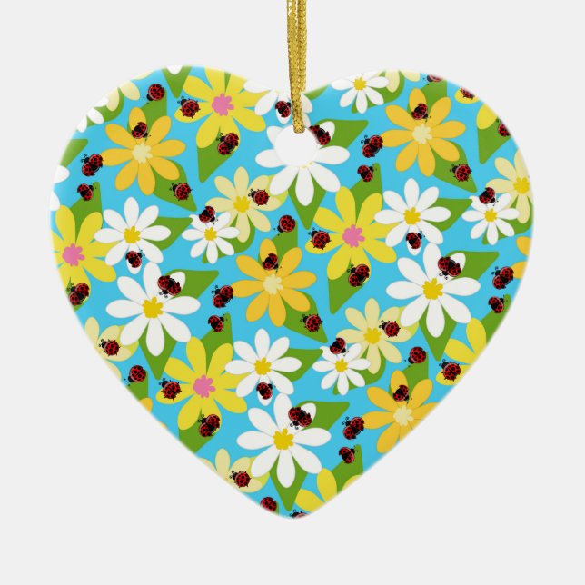 Yellow White Flowers Red Ladybug Beetle Ceramic Tree Decoration (Front)