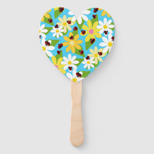 Yellow White Flowers Red Ladybug Beetle Hand Fan