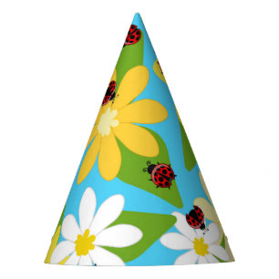 Yellow White Flowers Red Ladybug Beetle Party Hat