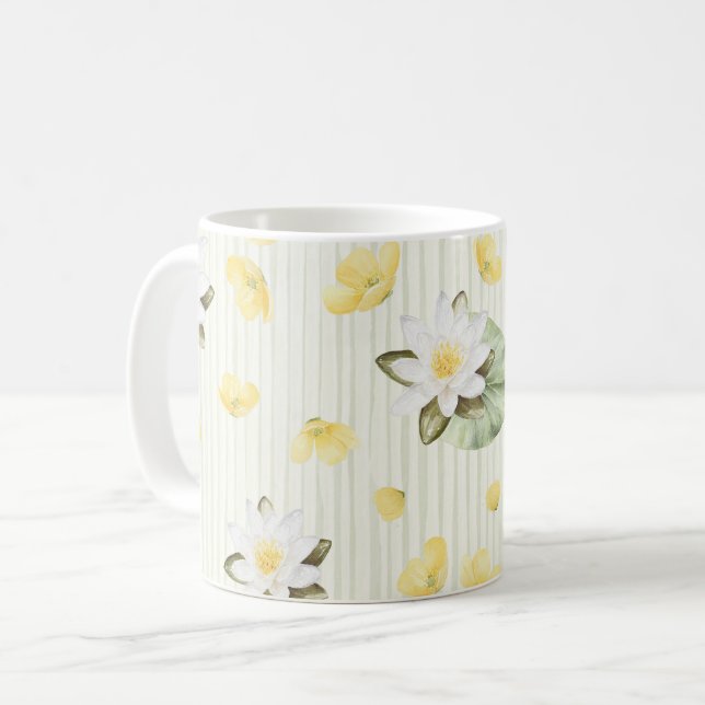 Yellow White Flowers Stripes Coffee Mug (Front Left)