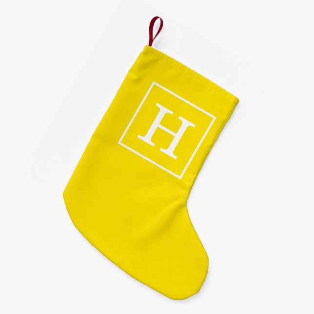 Yellow White Framed Initial Monogram Small Christmas Stocking (Front (Hanging))
