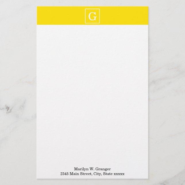 Yellow White Framed Initial Monogram Stationery (Front)