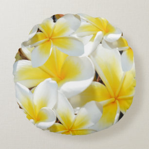Yellow White Frangipani Bouquet, Round Cushion