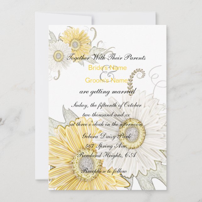 Yellow & White Gerber Daisy Swirl Wedding Invites (Front)