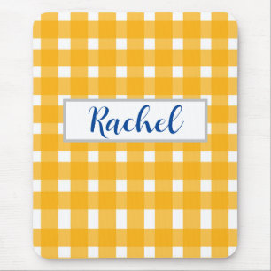 Yellow White Gingham Personalised Mouse Pad